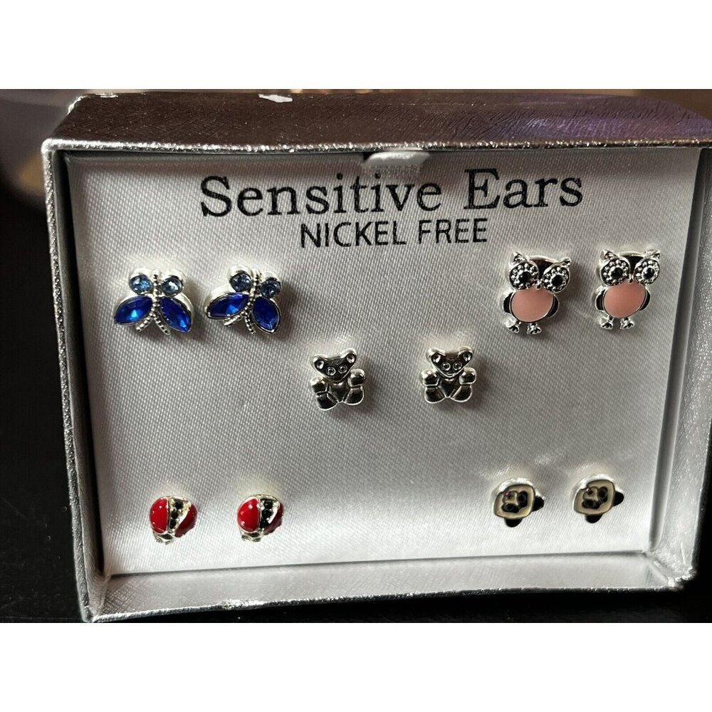 Five Pairs Sensitive Ears Cute Animals Post Stud Earrings New in Box